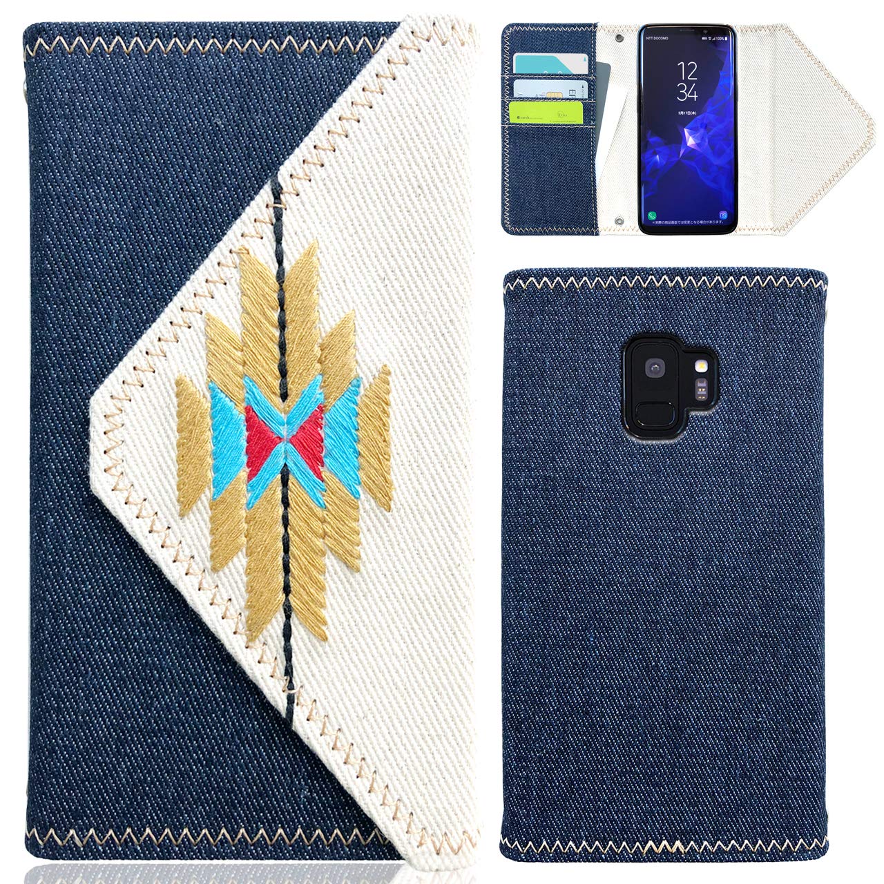 Amazon.co.jp: SC-02K SCV38 GALAXY S9 デニム×刺繍オルテガ柄手帳